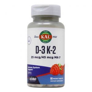 Витамины D-3 и K-2, D-3 K-2, KAL, вкус красной малины,  1000 МЕ/45 мкг MK-7, 60 микротаблеток
