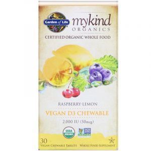 Витамин Д-3 для веганов, Vitamin D3, Garden of Life, органик, малина-лимон, 50 мкг (2000 МЕ), 30 жевательных конфет
