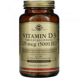 Витамин Д3 (холекальциферол), Vitamin D3, Solgar, 125 мкг (5000 МЕ), 240 вегетарианских капсул.