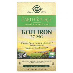 Железо коджи, Koji Iron, Solgar, 27 мг, ферментированное, 60 вегетарианских капсул
