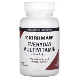 Мультивитамины, без витаминов A и D, Everyday Multivitamin without A & D, Kirkman Labs, ежедневные, 180 вегетарианских капсул
