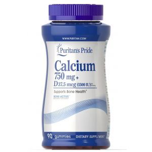 Кальций плюс витамин D3, Calcium + Vitamin D, Puritan's Pride, 750 мг/37,5 мкг (1500 МЕ), 90 жевательных конфет

