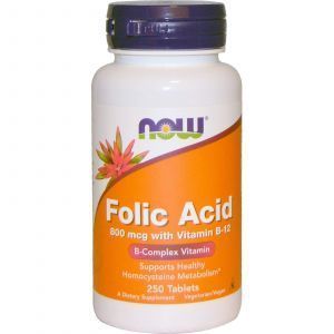 Фолиевая кислота и В12, Folic Acid Vitamin B-12, Now Foods, 800 мкг, 250 таб
