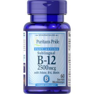 Витамин B-12 с фолиевой кислотой, витамином B-6 и биотином, Sublingual Vitamin B-12, Puritan's Pride, сублингвальный, 2500 мкг, 60 микроледенцов
