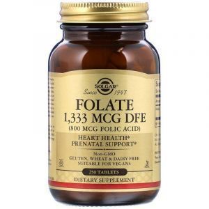 Фолат, Folate, Solgar, фолиевая кислота, 1,333 мкг DFE (800 мкг), 250 таблеток