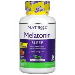 Мелатонин, Melatonin, Natrol, максимальная сила, вкус клубники, 10 мг, 100 таблеток

