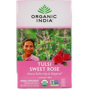 Чай тулси с базиликом, Сладкая роза, Tulsi Tea, Sweet Rose, Organic India, без кофеина, 18 чайных пакетиков, 28.8 г
