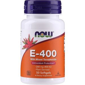 Витамин Е, Vitamin E-400, Now Foods, со смешанными токоферолами, 268 мг (400 МЕ), 50 гелевых капсул
