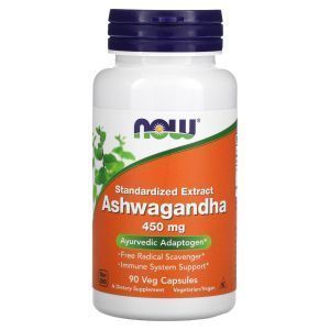 Ашваганда, Ashwagandha, Now Foods, стандартизированный экстракт, 450 мг, 90 вегетарианских капсул