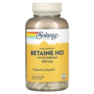 Бетаин HCl + пепсин, HCL with Pepsin, Solaray, высокоэффективный, 650 мг, 250 вегетарианских капсул