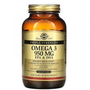 Омега-3, рыбий жир, Omega-3, EPA & DHA, Solgar, тройная сила, 950 мг, 100 гелевых капсул
